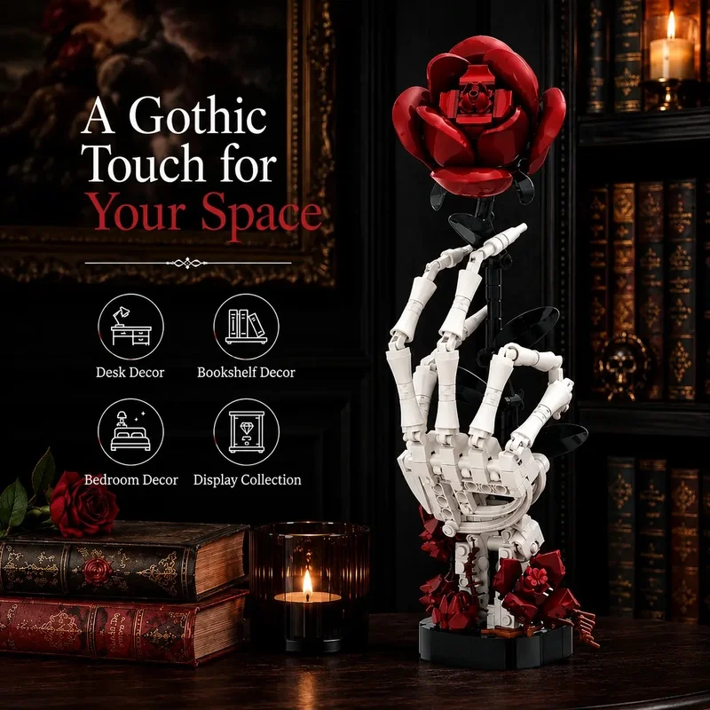 Skull Hand Rose Building Set, 357-Piece Gothic Display Model