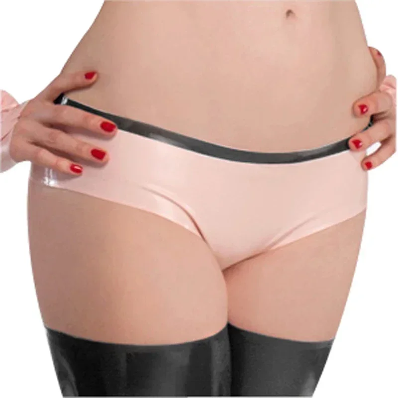 Latex-Slip, Shorts, sexy Fetisch, Babyrosa mit schwarzer Gummiunterwäsche, maßgeschneidert für Frauen