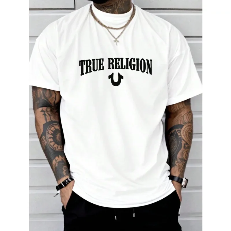 

Новинка 2024, хлопковая мужская футболка с надписью TRUE RELIGION и забавным принтом, модная свободная повседневная трендовая уличная футболка с круглым вырезом