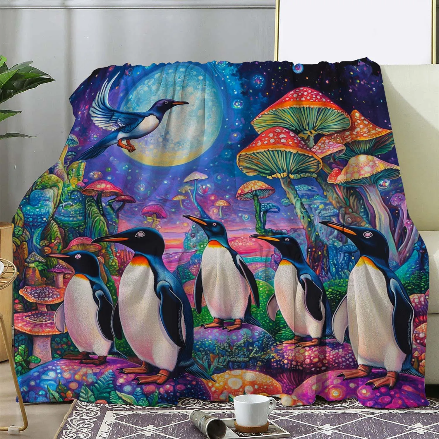 Cozy Flannel Throw Blanket with Penguin & Colorful Mushroom Design - Soft, Warm, and Versatile for Couch, Bed, Car, Office, Camp