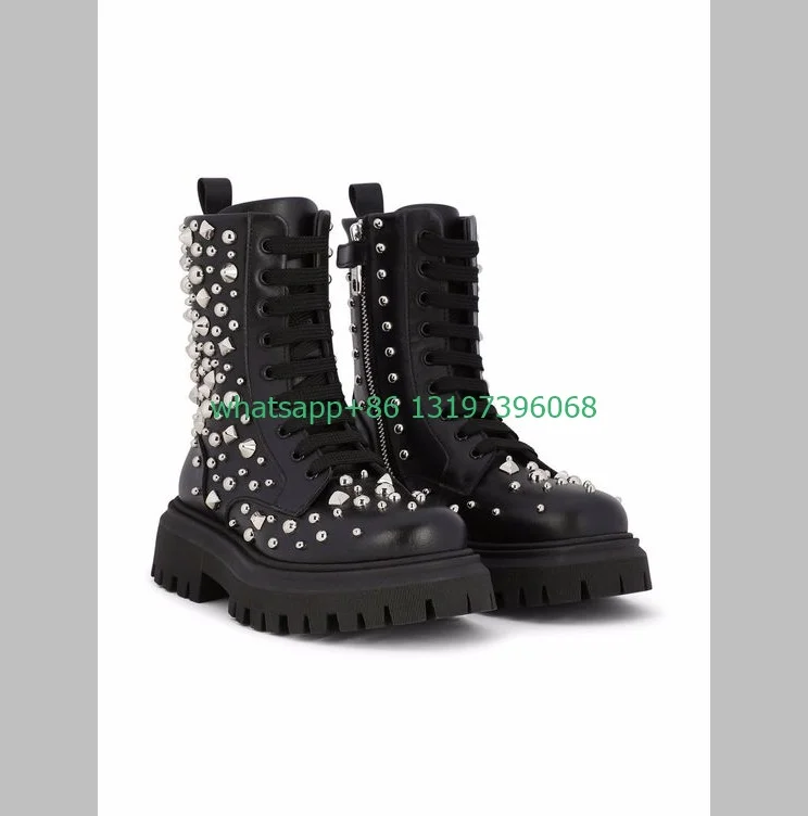 Lady rockstud toe design punk boots Gothic style black calf PU studded combat boots chunky heel side zip boots metal rievt boots