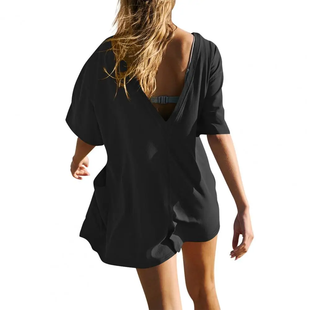 Backless Romper Stylish Summer Women's Romper with Deep Crotch Big Pockets V-shaped Back Casual Daily Short Jumpsuit for Comfort