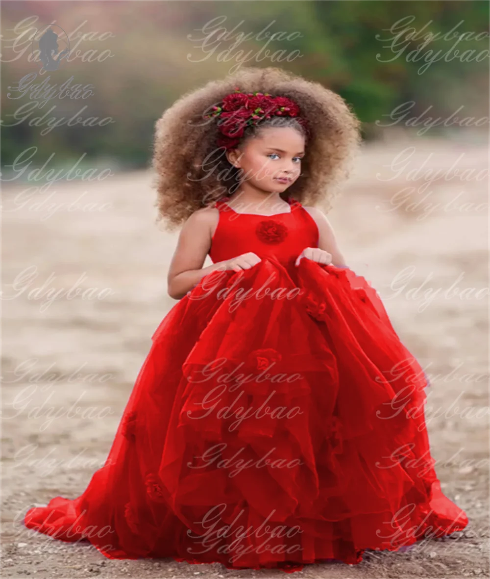 Elegant Sleeveless 3D Applique Flower Girl Dress For Wedding Tulle Puffy  Princess Child First Eucharistic Birthday Party Dresse