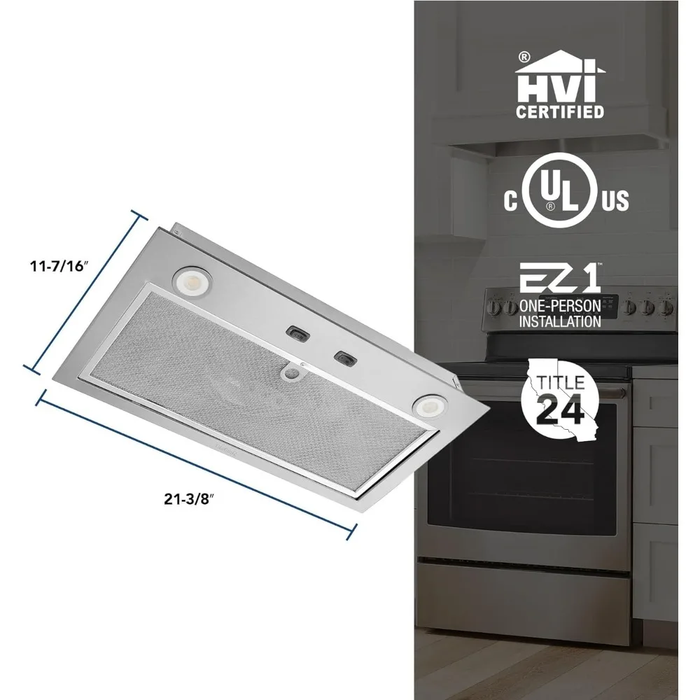 Custom Power Pack Range Hood Insert with 2-Speed Exhaust Fan and Light , 300 Max Blower CFM, Stainless Steel21-Inch Built，silver