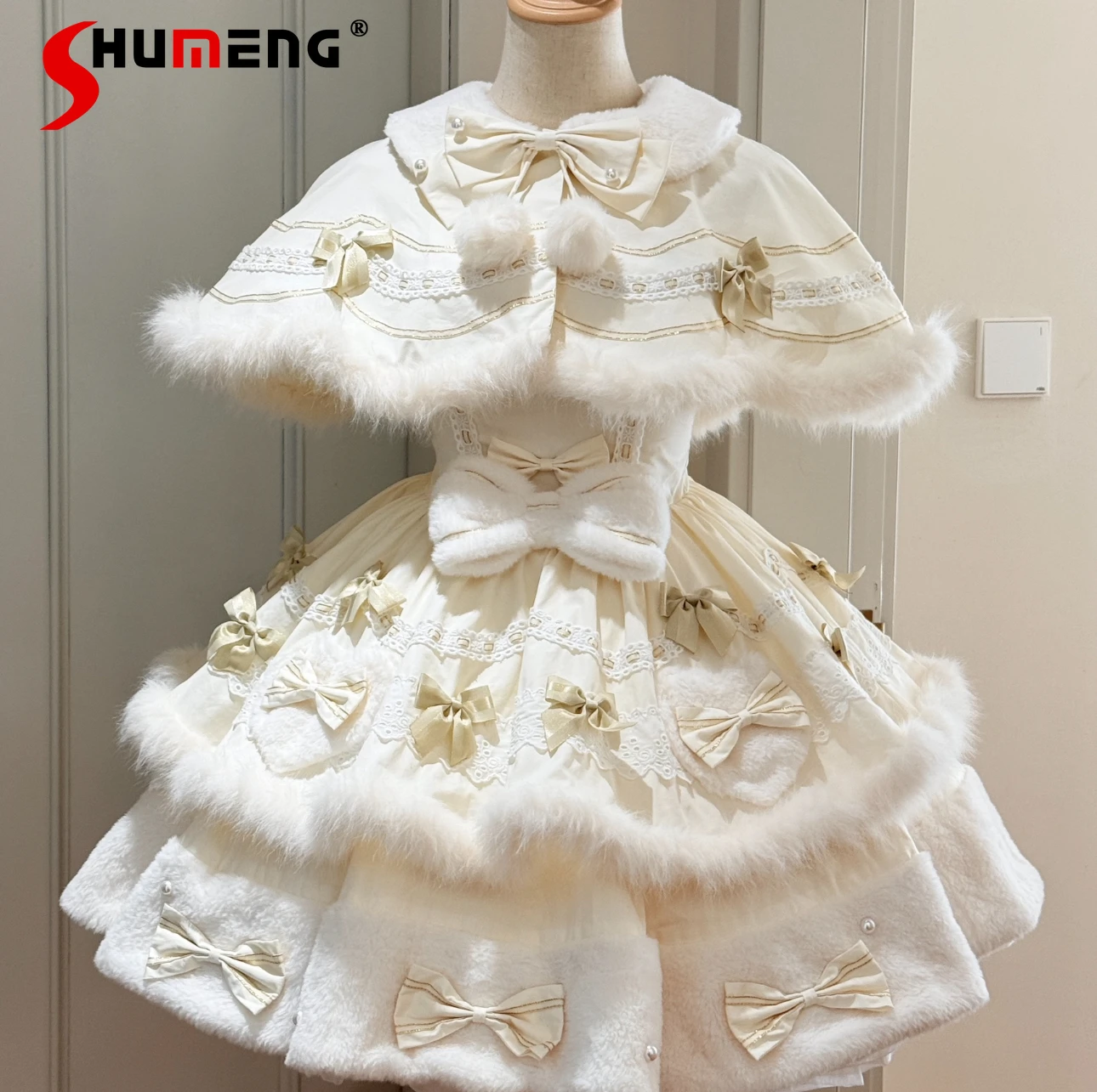 Japanese Sweet Cute Winter Lolita Jsk Set Plush Bow Cake Dress JSK Sling Dress Doll Collar Short Cape Cloak Two-piece Set Women