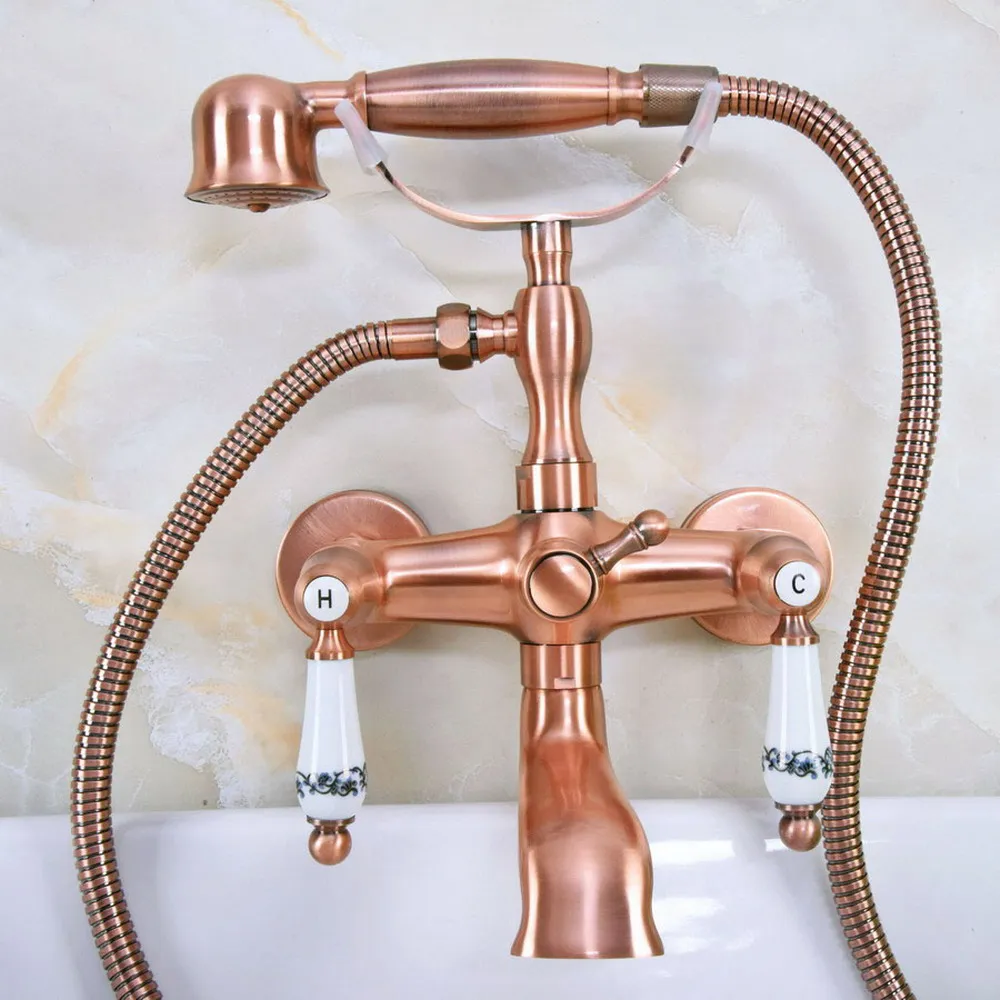 

Antique Red Copper Brass Double Handles Wall Mounted Bathroom Clawfoot Bathtub Tub Faucet Mixer Tap w/Hand Shower ana328