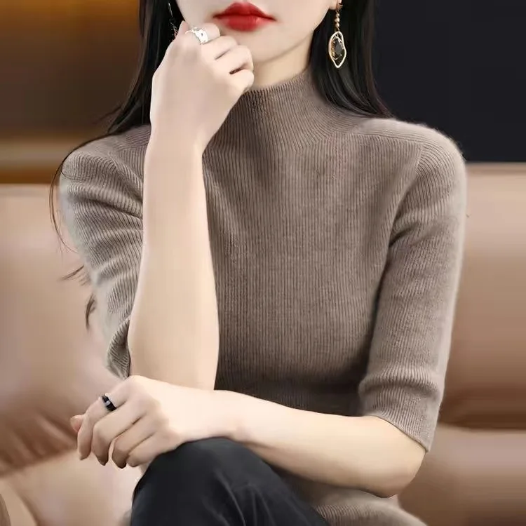 Women's Slim Fit Knitted Sweater Half High Collar Five Sleeve Base Shirt Top Spring Autumn Fashion Commute Style Pure Color