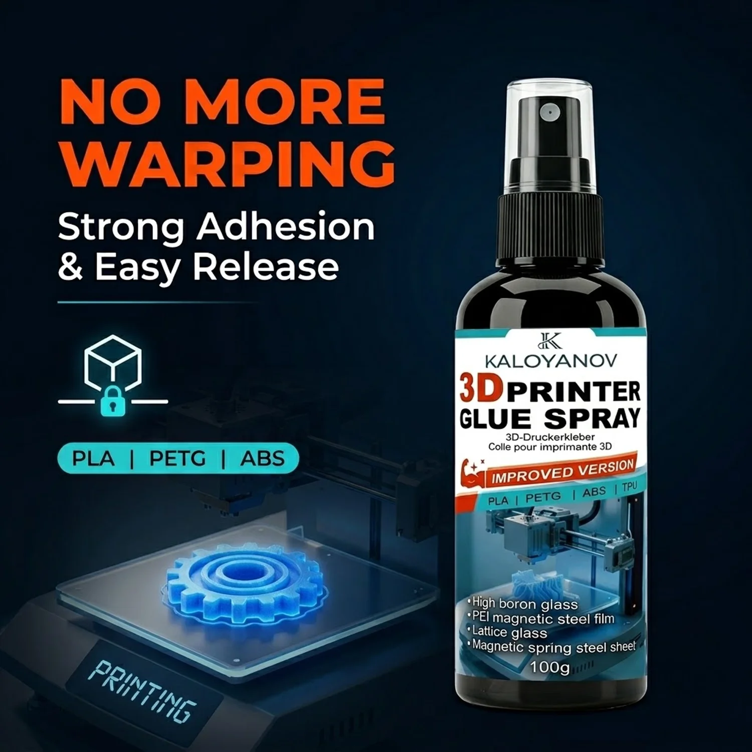 

KALOYANOV 3D Printer Glue Spray 100g Anti-Warping Adhesive for Heatbed Platform PLA ABS PETG TPU Universal for Glass PEI Sheet