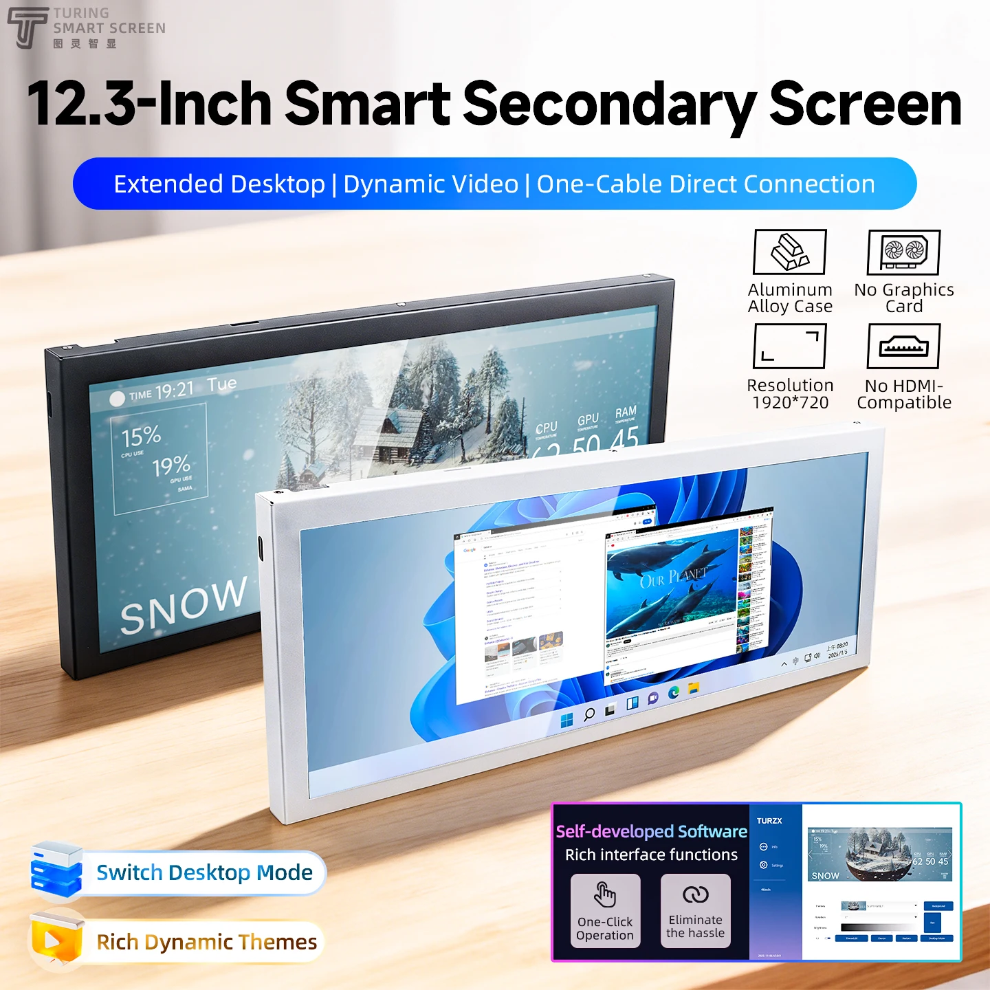 

TURZX 12.3 Inch IPS Secondary Screen 1920x720 USB Type-C Smart Display Extended Screen for CPU GPU RAM Windows Computer Monitor
