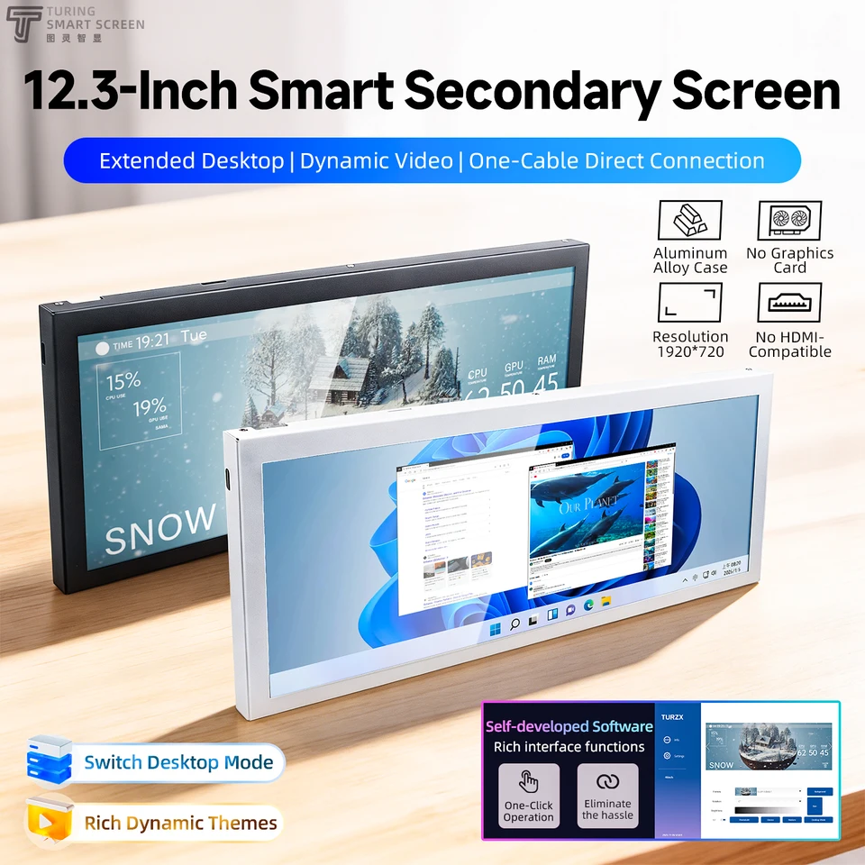 TURZX 12.3 Inch IPS Secondary Screen 1920x720 USB Type-C Smart