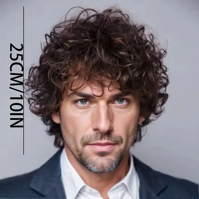 Brown Ombre Men's Small Curls Explosion Hairpiece Fluffy Natural Woolly Short Hair Middle-aged Elderly Father's White Hair Cover