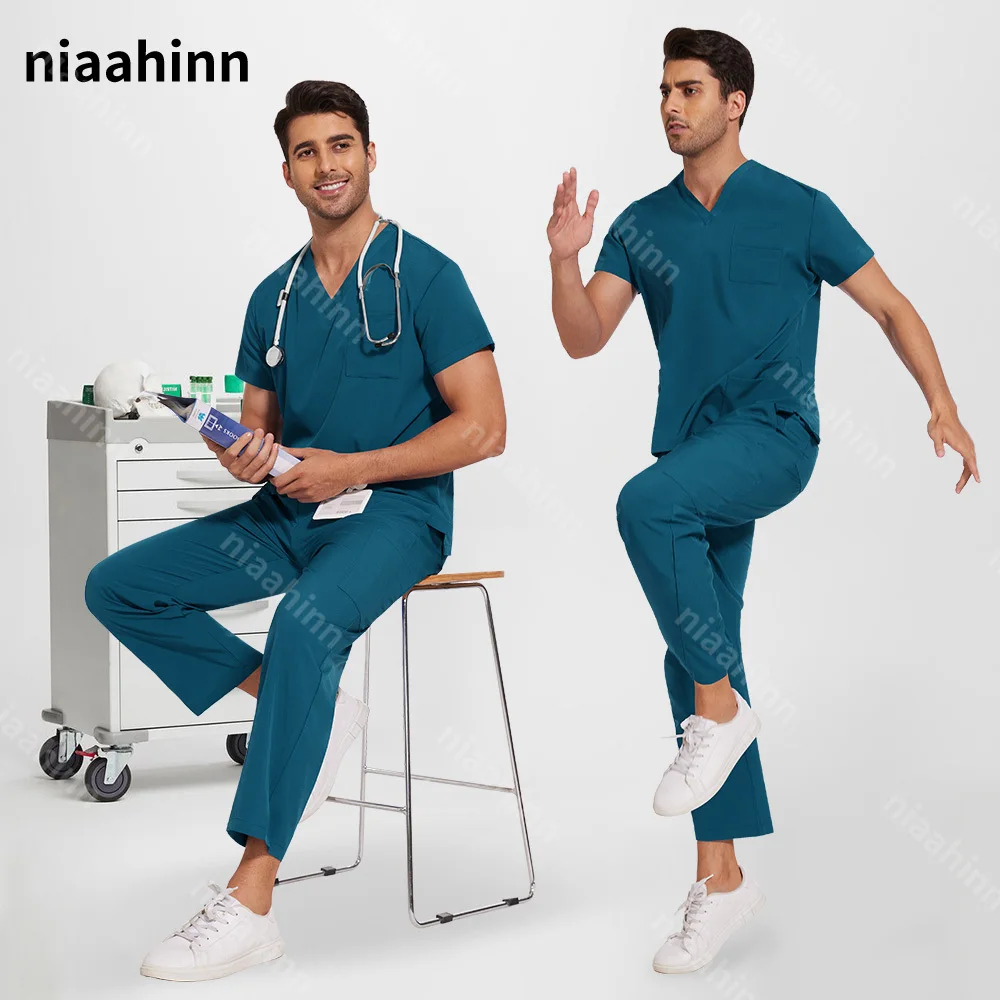 NiaaHinn Medical Surgical Uniforms Men Scrub Set Pharmacist Workwear Doctor Costume Men Scrubs Top Pocket Pants Set Nursing Suit