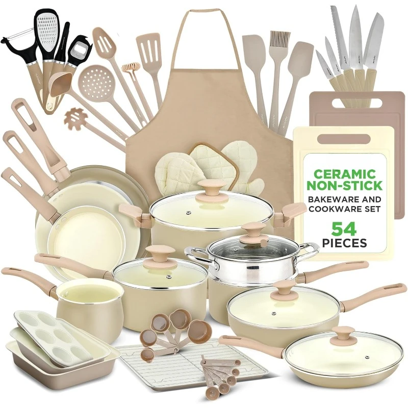 54-Piece Marble Non-Stick Cookware and Set, Pans, and Heat-Resistant Tools，home.