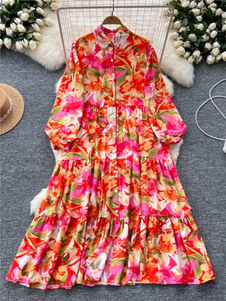 Vestido de manga larga con estampado Floral para mujer, Vestido camisero informal con botonadura única, elegante, Vintage, moda de otoño