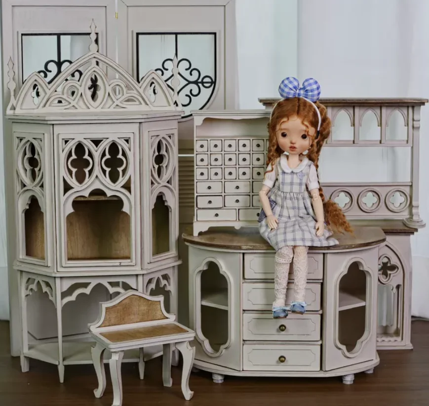 1:12 & 1:6 Farmhouse Furniture DIY Kit or Assembled | Shabby Chic Storage Cabinet, Screen & Desk for Dollhouse -Choose Your Size
