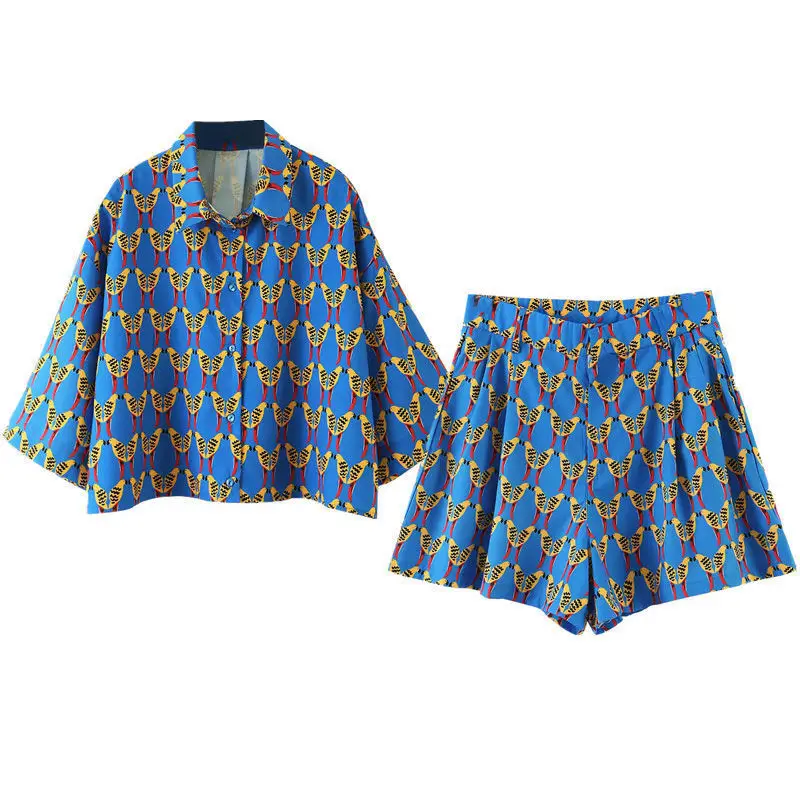 

Sleepwear Blue Two Piece Set Pajamas for Women Summer Shorts Loose Print Short Sleeve +Elastic Waist Short Pants Set Beach Suit