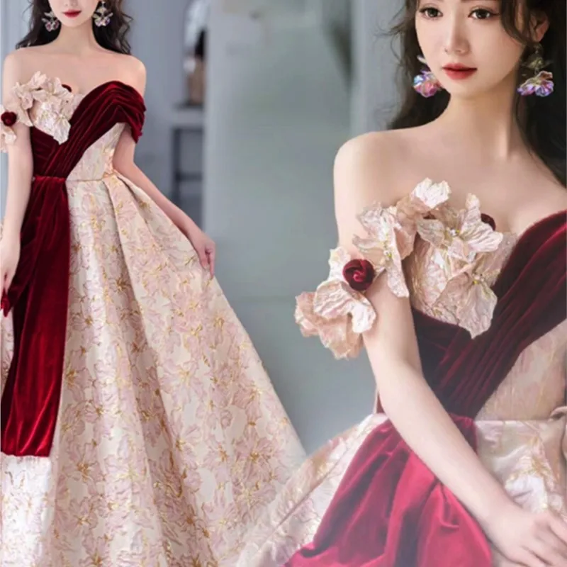 Floral one-shoulder toasting banquet performance dress