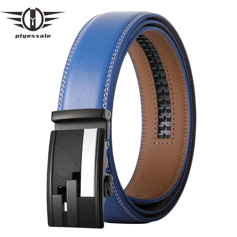 

Plyesxale Fashion Brown Blue Men Belts High Quality Automatic Waist Strap Male Cowhide Leather Work Business Belt For Men B684