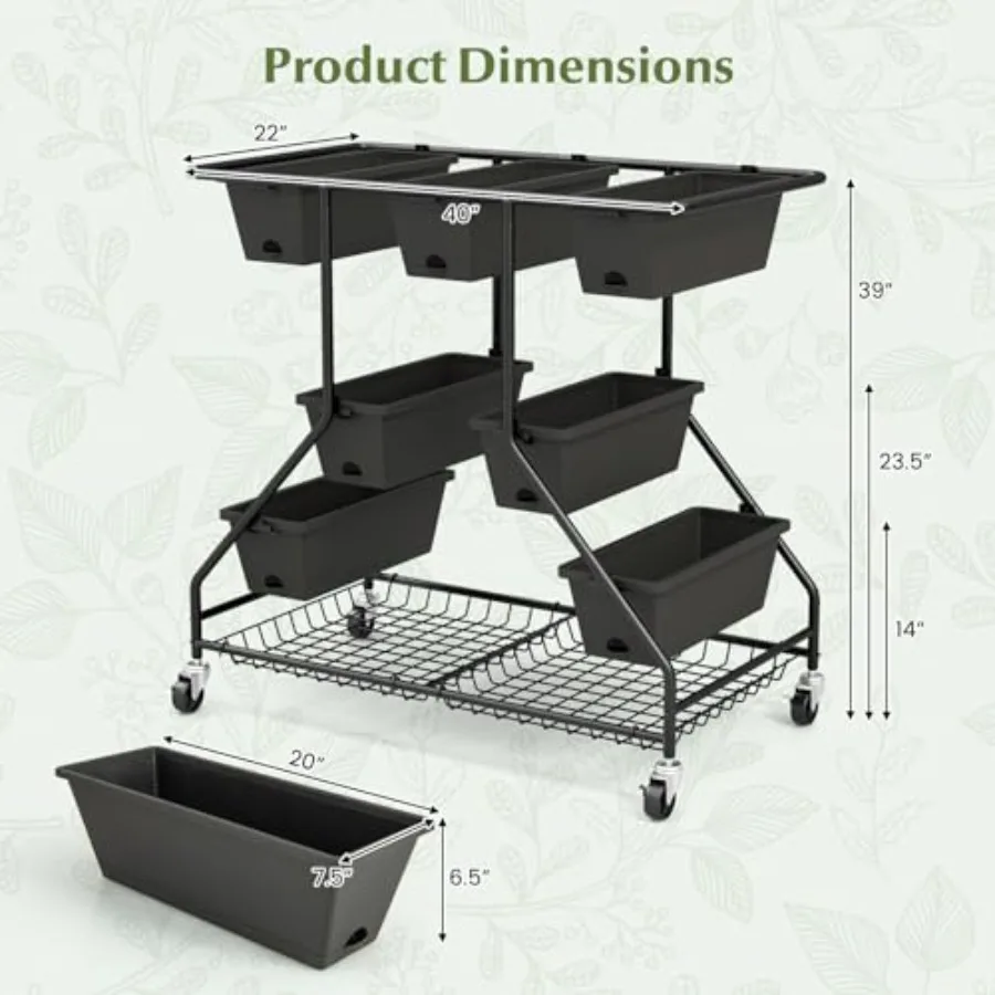 Elevated rolling garden bed for strawberries, vegetables, flowers, herbs; galvanized steel; black; 7 planter boxes, storage bas view 5