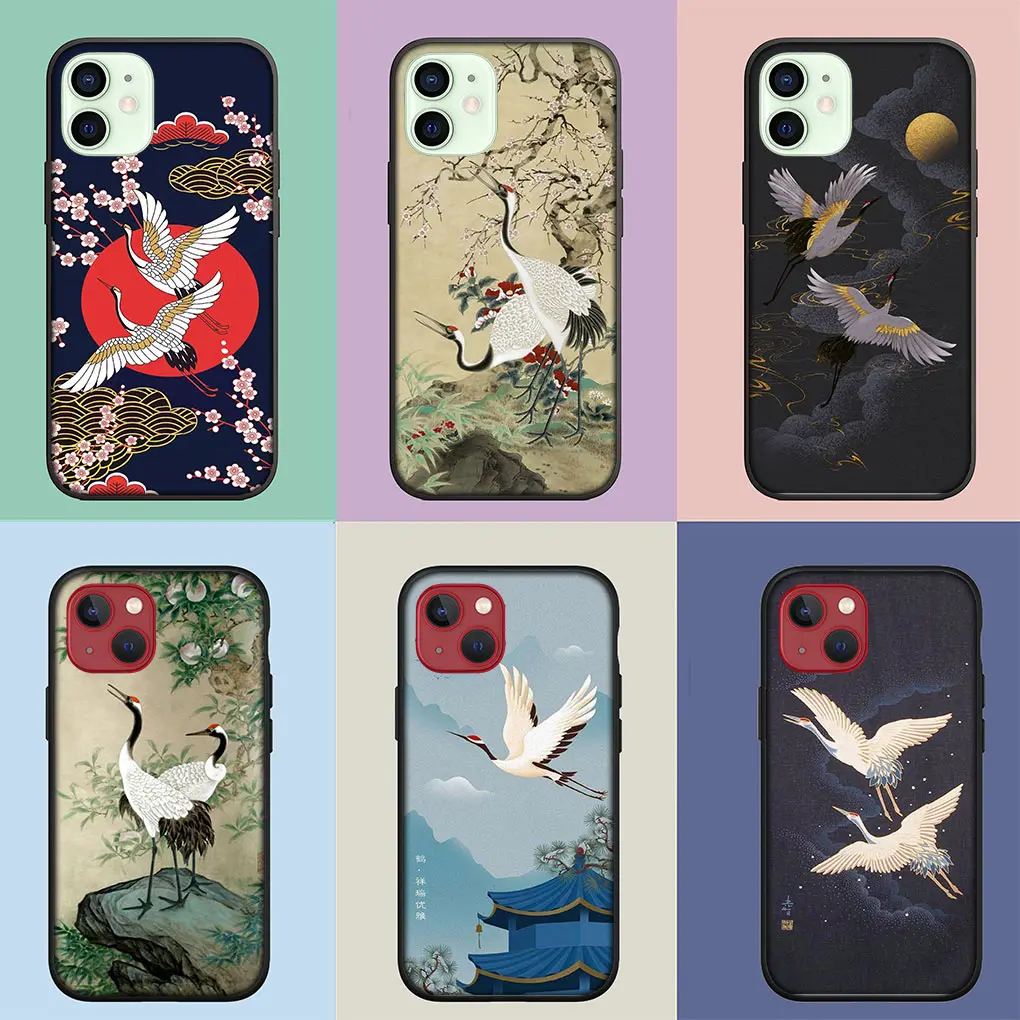 Watercolor Red Crowned Crane Phone Cover Case for Apple iPhone 15 14 Plus 13 12 Mini Pro Max XR + 13Pro 14+ 15+ Soft Casing