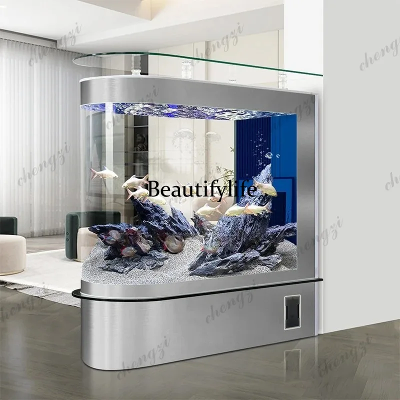 E182  Self-Cleaning Bullet-Head Aquarium, Large Floor-Standing Screen Partition Fish Tank with Bottom Filter for Living Room