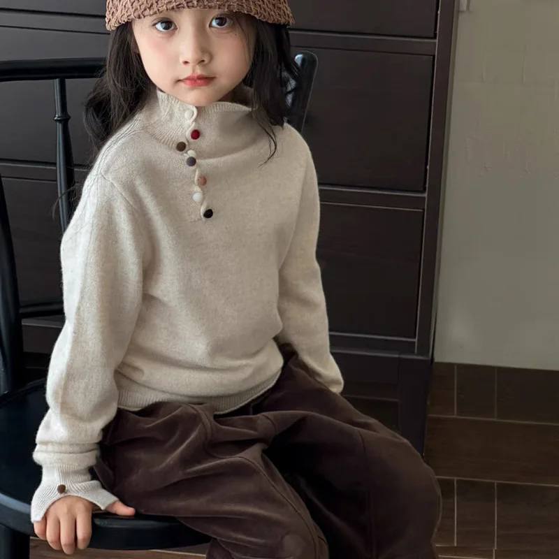 

Colored Button-up Girls' Semi-turtleneck Sweater Autumn and Winter New Korean Children's Long-sleeved Casual Bottoming Shirt