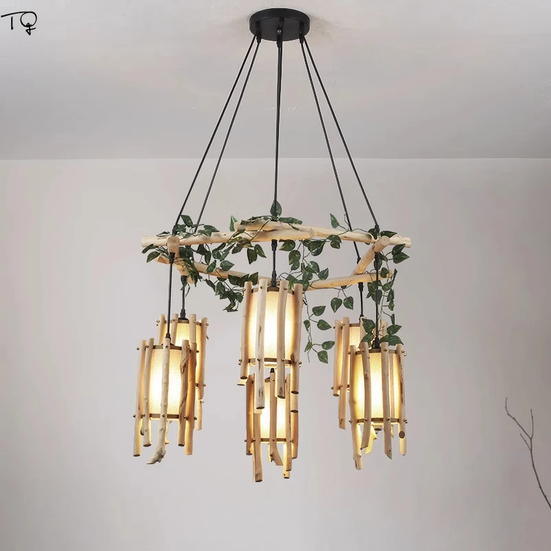 Chinese Retro Wabi-sabi Solid Wood Chandelier Lighting LED E27 Zen Art Decorative Hanging Lamp Hotel Living/Dining Room Bedroom
