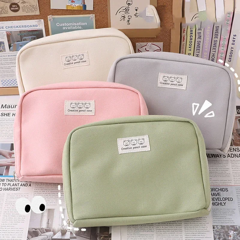 Large Capacity Pencil Bag Stationery Holder Box Canvas Pen Case Zipper Pencil Pouch Aesthetic School Cases School Supplies