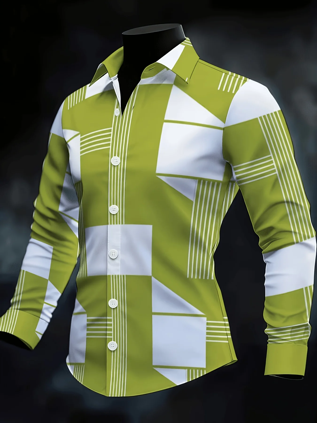 Men Lapel Collar Shirt Fresh Lime‑Green Base Abstract Square Triangle Striped Graphic Polyester Long‑Sleeve Top