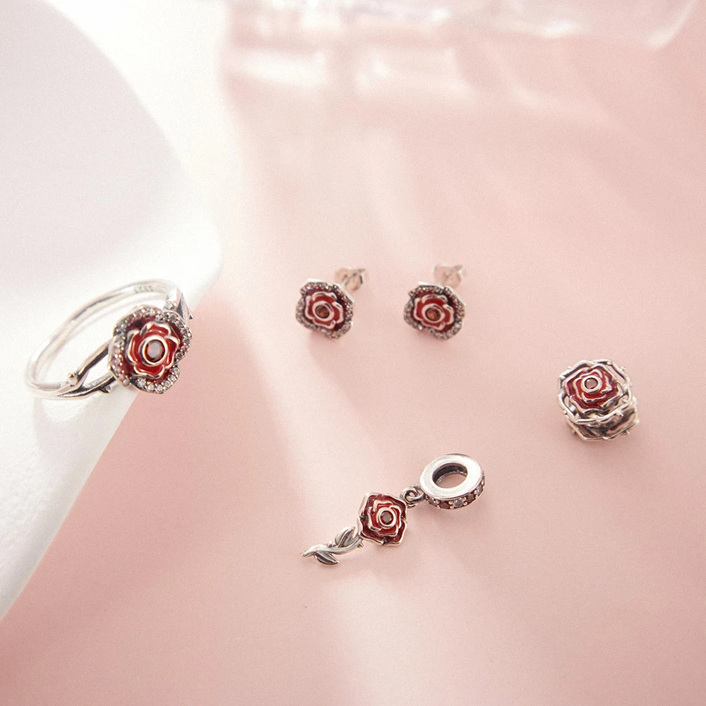 2024 New Romantic Rose Charm For Pandora Bracelet Diy For Women Fashion Jewelry Flower Ring Fine Birthday Gift Love Elegant Bead