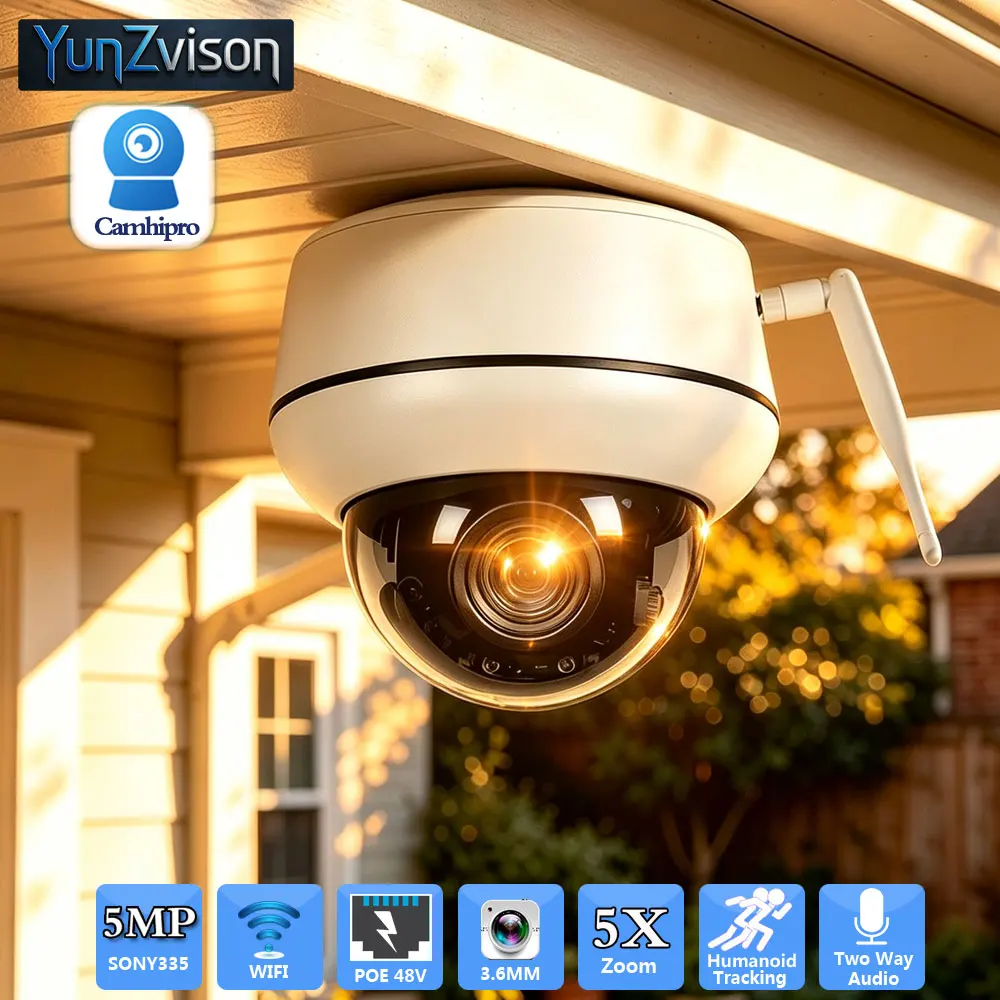 C-R 5MP IMX335 Security Vedio POE&Wifi PTZ Dome 3.6mm&5X Optical Zoom Two Way Audio Humanoid Tracking Outdoor