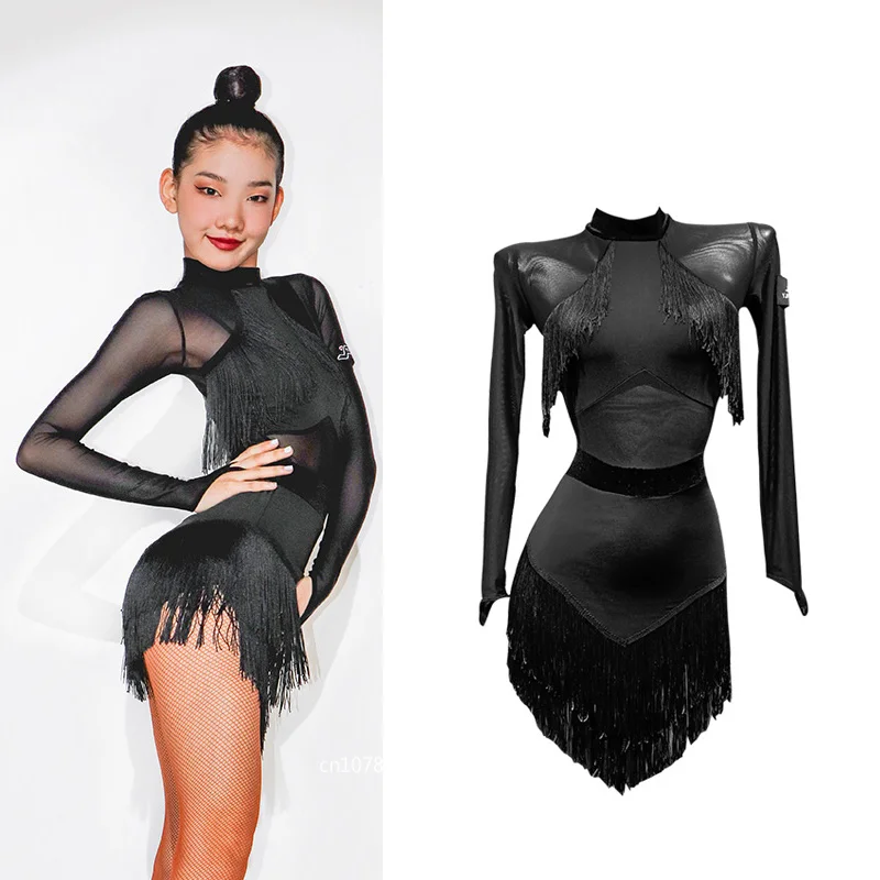 

New Latin Dance Performance Dress For Women Sexy Mesh Sleeved Fringe Dress Samba Chacha Tango Adult Latin Costumes