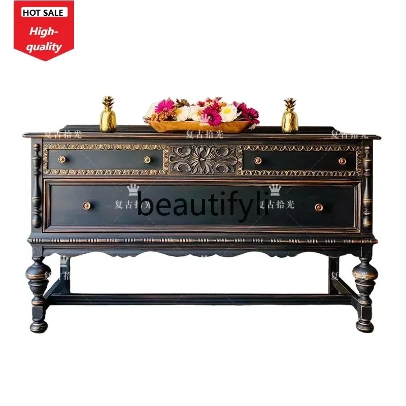 A32 French Retro Solid Wood Carved Entryway Cabinet Vintage Decorative Cabinet Storage Entryway Cabinet