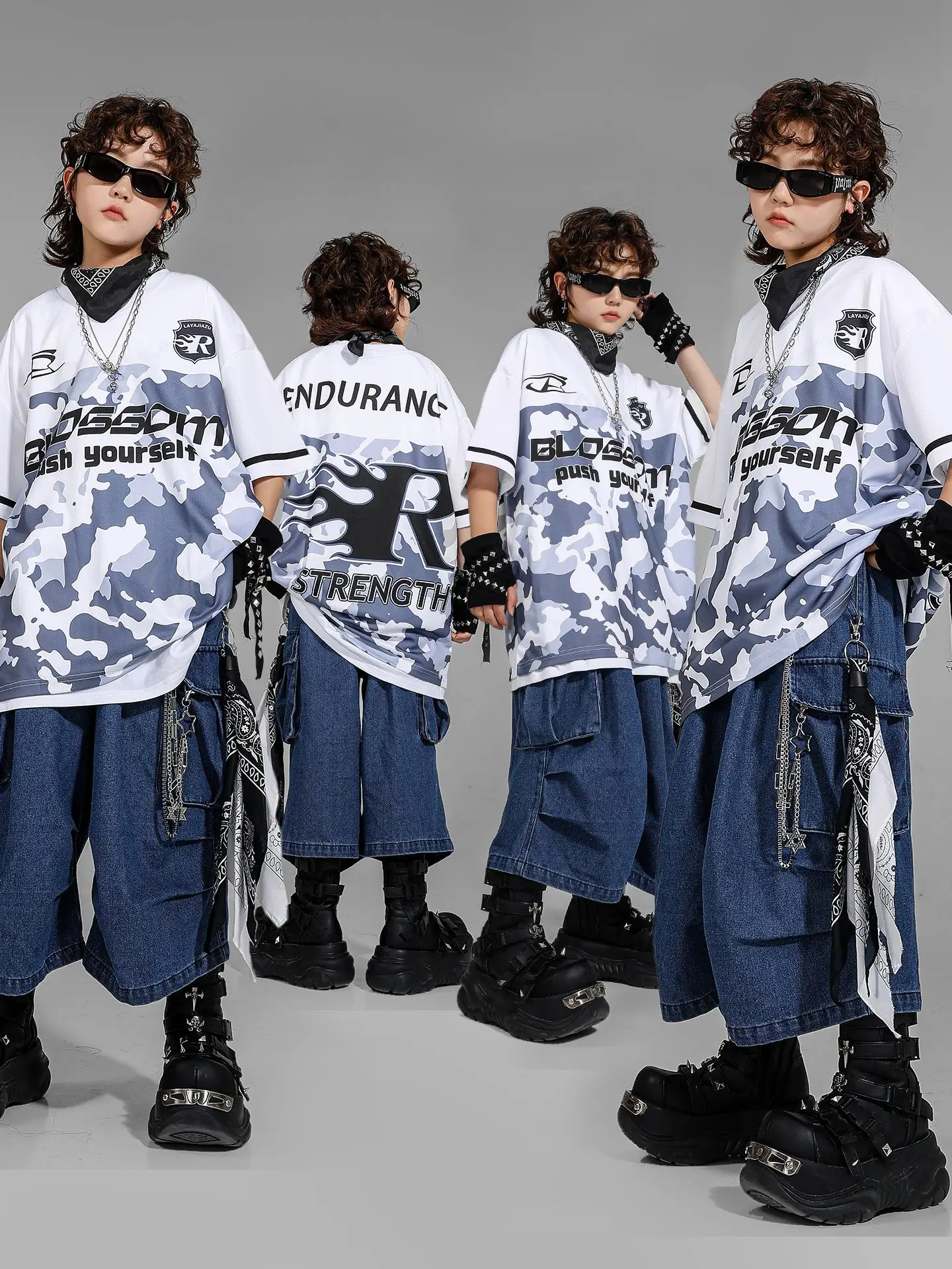 

2025 Cool Boys Street Dance Hip-hop Clothes Jazz Dance Costumes Print Top Cropped Jeans Suit Stage Outfit Catwalk Wear DQL10967