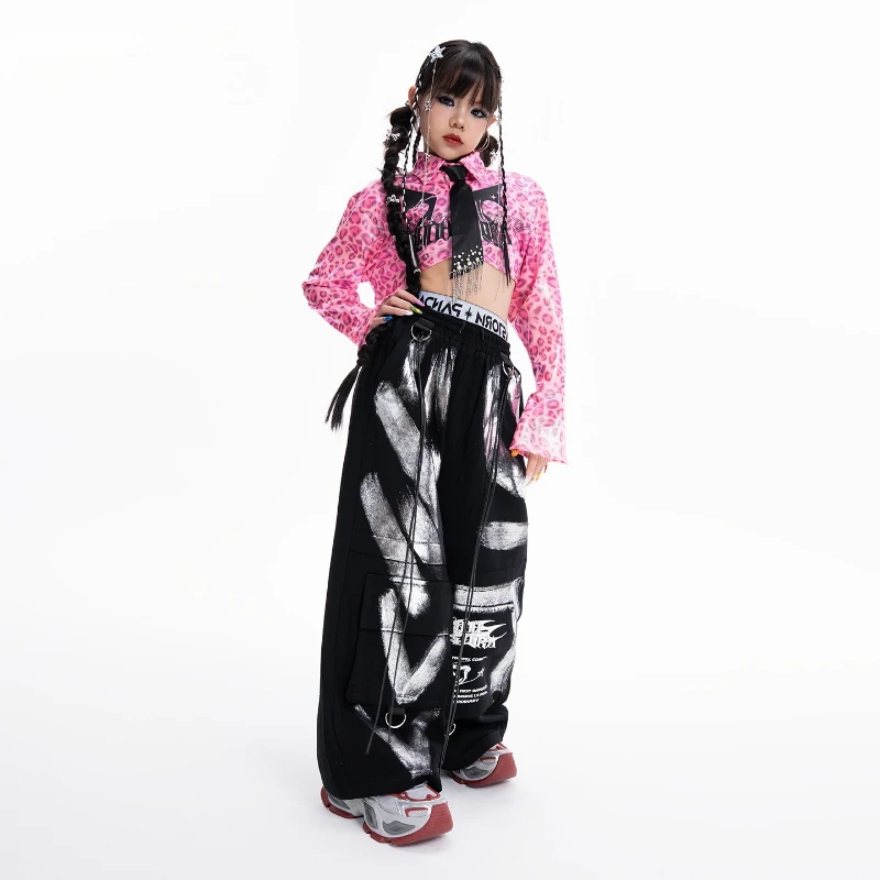 ملابس الهيب هوب للأولاد للرقص في الشوارع وردي بأكمام طويلة وسراويل سوداء للفتيات أزياء أداء الجاز مجموعة أزياء ملابس المسرح
