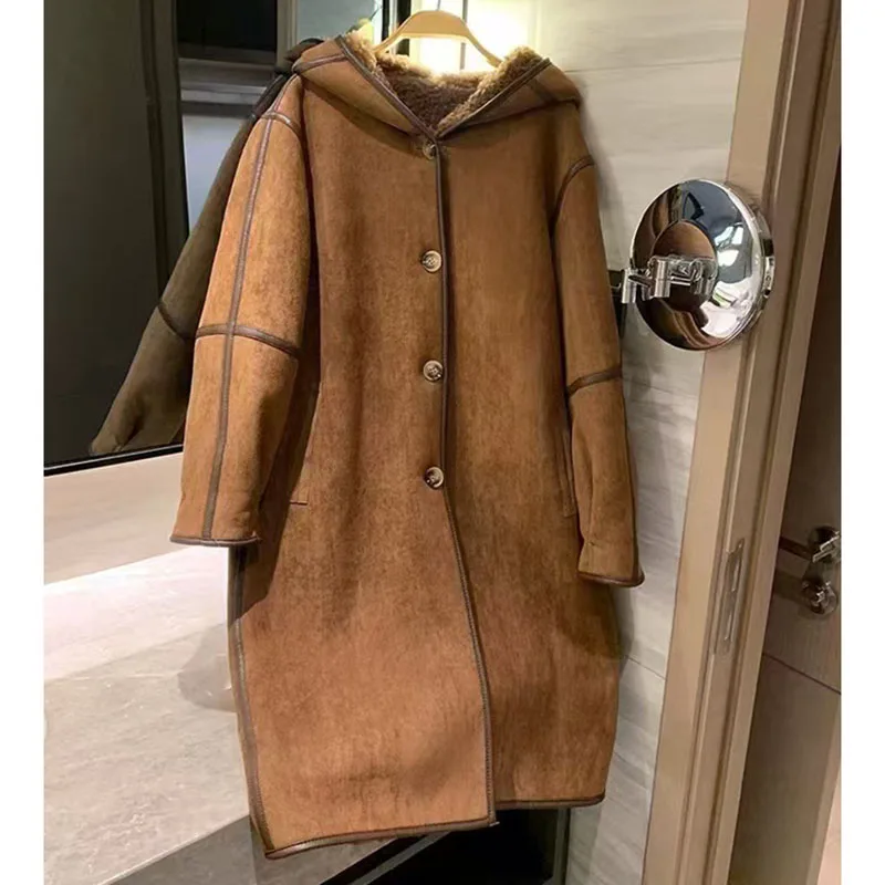 2026 Women's Double-Sided Lamb Fur Coat Winter Hooded Single Breasted Vintage Brown Long Overcoat Casual Loose Fashion Outerwear