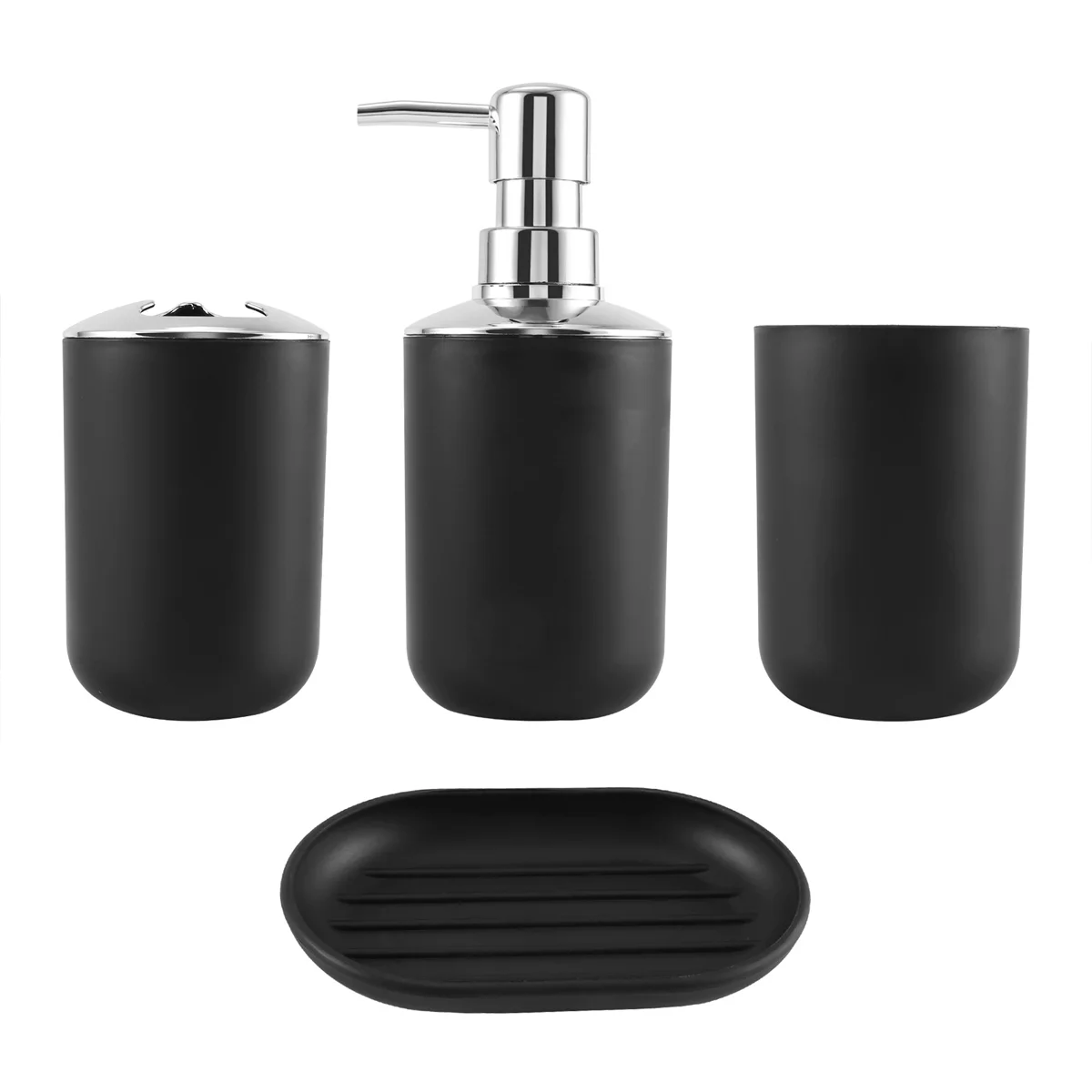 Conjunto de acessórios de banheiro de plástico de 4 peças, conjunto de acessórios de escova de vaso sanitário com suporte de escova de dentes, copo de escova de dentes (preto)