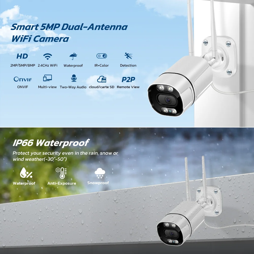 WiFi IP Camera Waterproof Onvif Wireless Bullet Security Camera H.265 Human Detect Night Vision Outdoor CCTV Surveillance Xmeye