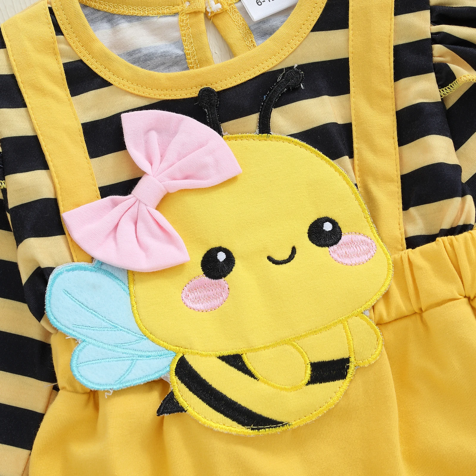 طقم ملابس خريفي للفتيات الرضع من عمر 0 إلى 18 شهرًا بأكمام طويلة مطرز بالنحلة مع عصابة رأس على شكل فيونكة