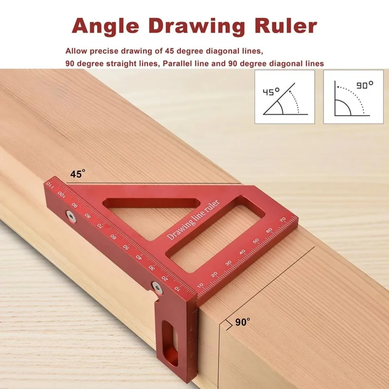 3D Multi Angle Aluminum Alloy Red Miter Triangle Ruler 45°/90° Woodworking Square Protractor Layout Measuring Tools