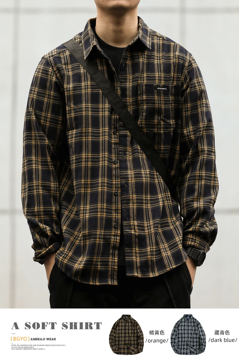 2024 autumn frosted shirt men's plaid loose long sleeved casual work clothes thick shirt trend camisa masculina slim fit blouse image 6