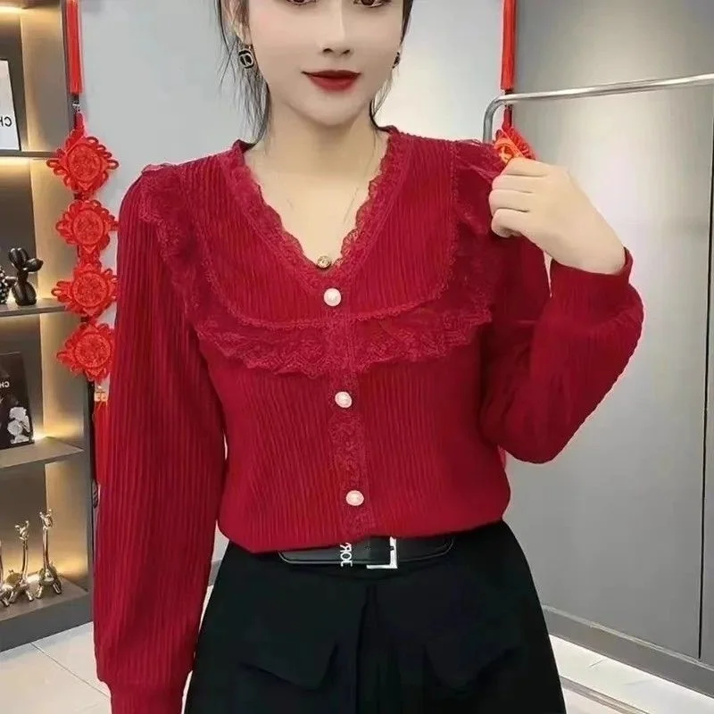 

Рубашки с длинными рукавами, женские хлопковые рубашки с рюшами и рукавами-фонариками на пуговицах, облегающая женская весенняя одежда в стиле ретро во французском стиле