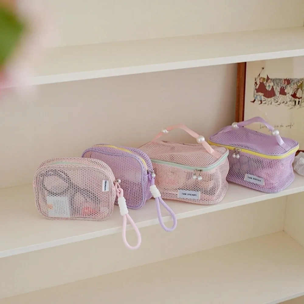 See Through Mesh Cosmetic Bag Portable With Pearl Zipper Makeup Organizer Pouch Large Capacity Hanging Rope Pencil Case Travel
