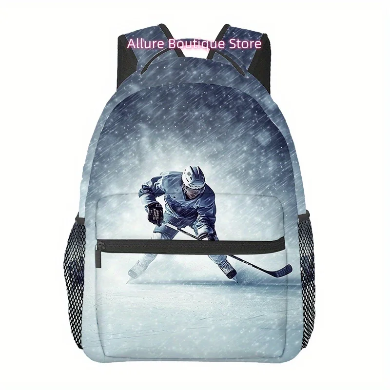 Ice Hockey Player Graphic Backpack - Large Capacity, Adjustable Shoulder Straps, Multi-Layer, Unisex Laptop Bag for Work, Travel