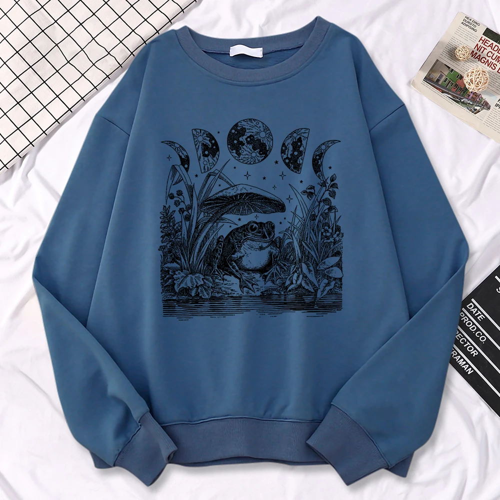 Fashion Casual Womens Pullover Cute Cottagecore Aesthetic Frog Fantasy Print Hoodies Loose Crewneck Sweatshirts Warm Fleece Tops