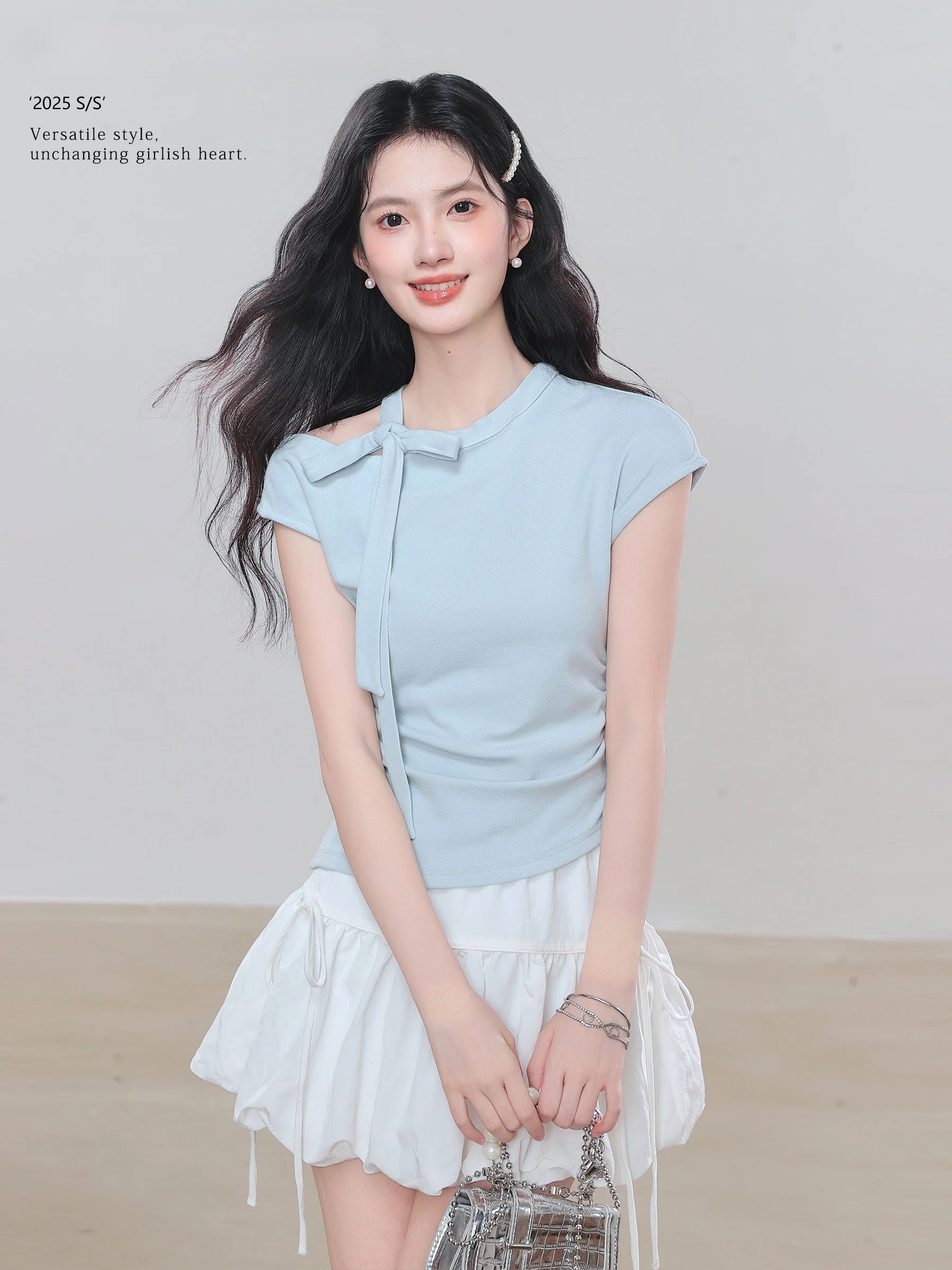 

Lingjiu 2026 New Design Irregular Knitwear Short Sleeve Women Summer Unique Super Beautiful Single Wear Cotton Blend Shirt