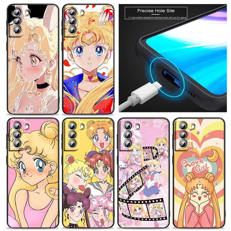 

Anime S-Sailors M-Moons Cute Phone Case For Samsung Galaxy S25 S24 S23 S22 S21 S20 S10 Ultra Plus FE 5G Black Soft TPU Cover