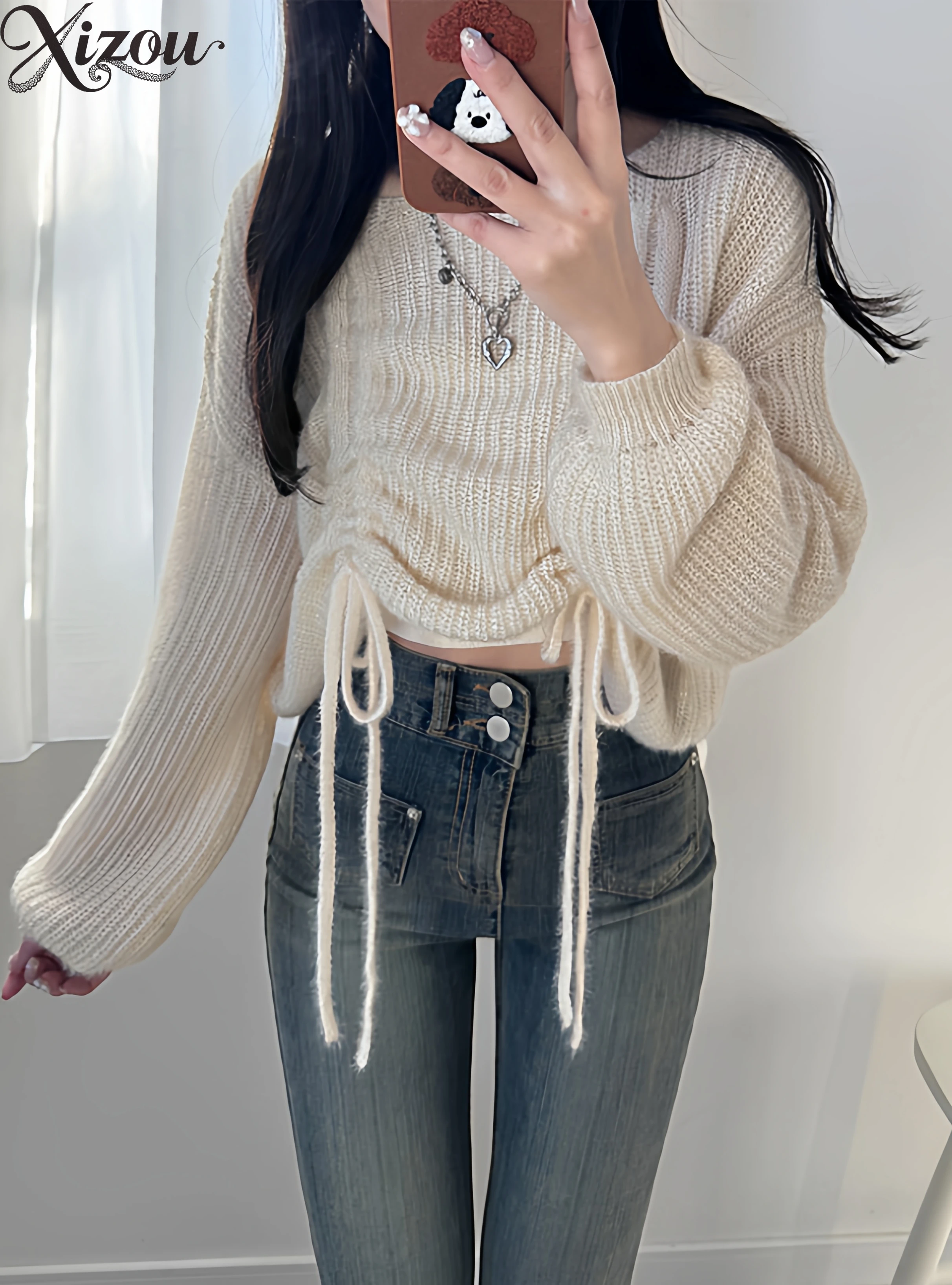 

Осень-зима женские вязаные свитера милый корейский шикарный галстук квадратный вырез с открытыми плечами ажурный сексуальный свободный пуловер свитер топ