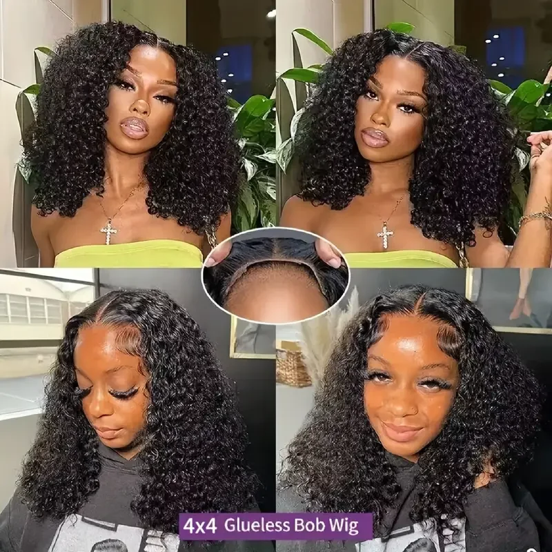 4x4 Put On And Go Glueless Bob Wigs Human Hair Curly For Women Pre Plucked Pre Cut Lace Ready To Wear Kinky Curly Lace Front Wig image 3