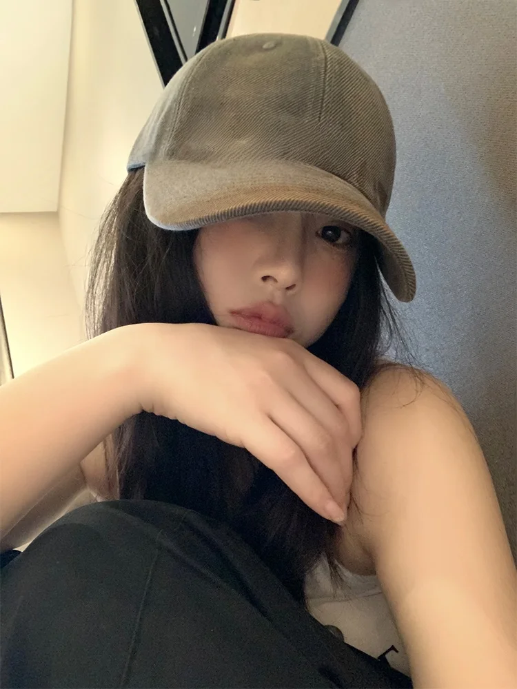 Retro American Washed Letter Baseball Cap Women Wide Brim Soft Top Hats Large Circumference Duckbill Small Face Effect Caps